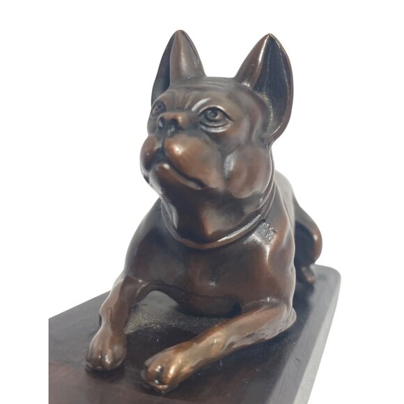 Vintage Bronze Bulldog Figurine On Wooden Base - Picture 1 of 9